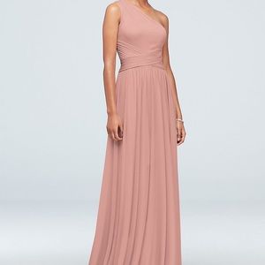 David’s Bridal Long Bridesmaid Dress, One-Shoulder Mesh in Ballet